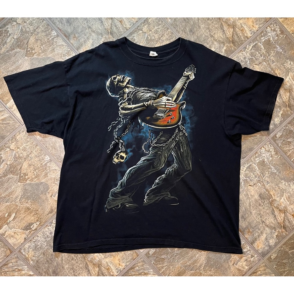 Anvil T Shirt Mens 2XL Black VTG Y2K Skeleton Guitarist Graphic Tee